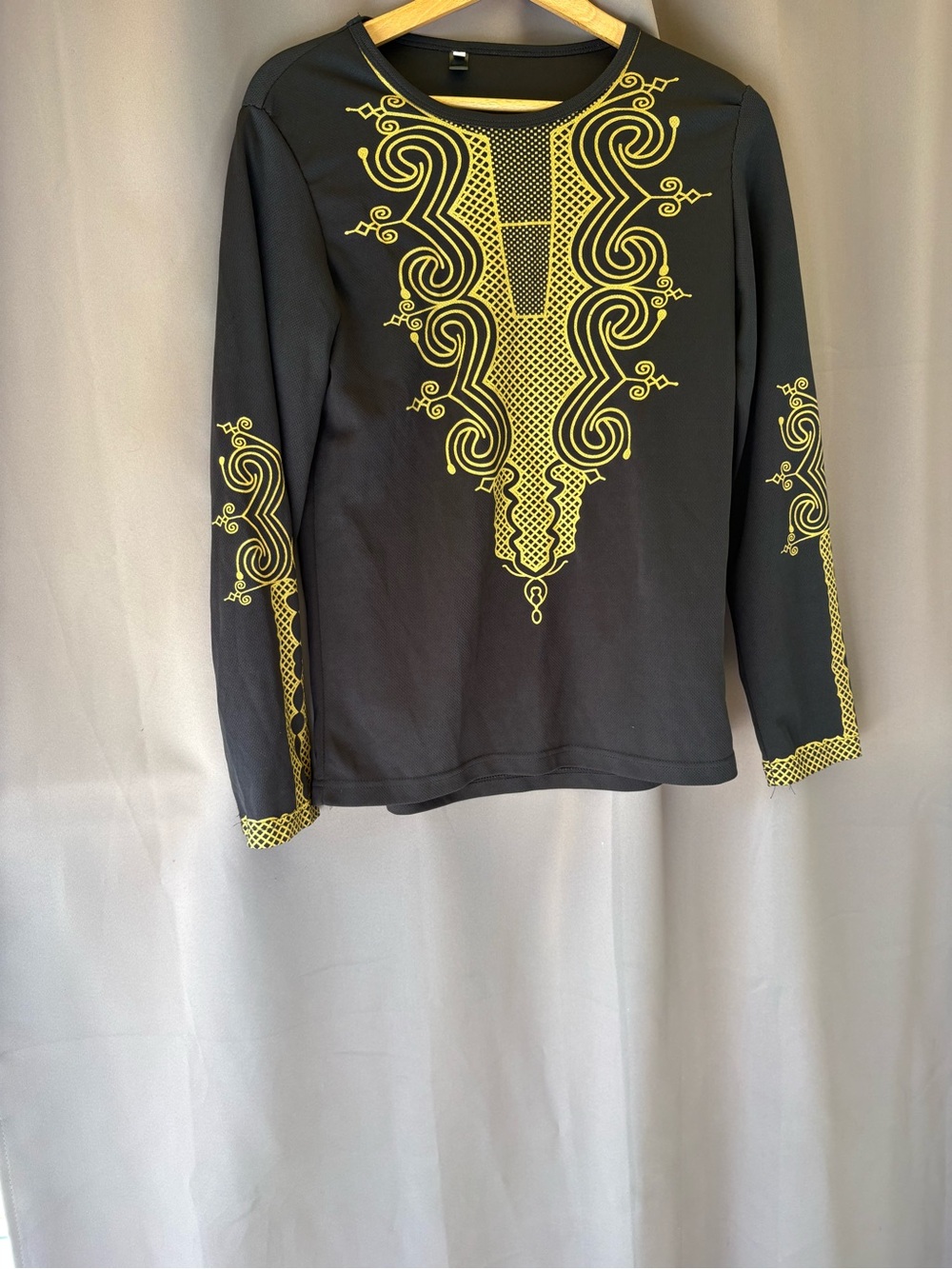 Black Long Sleeve Top with Yellow Graphic Embellishment